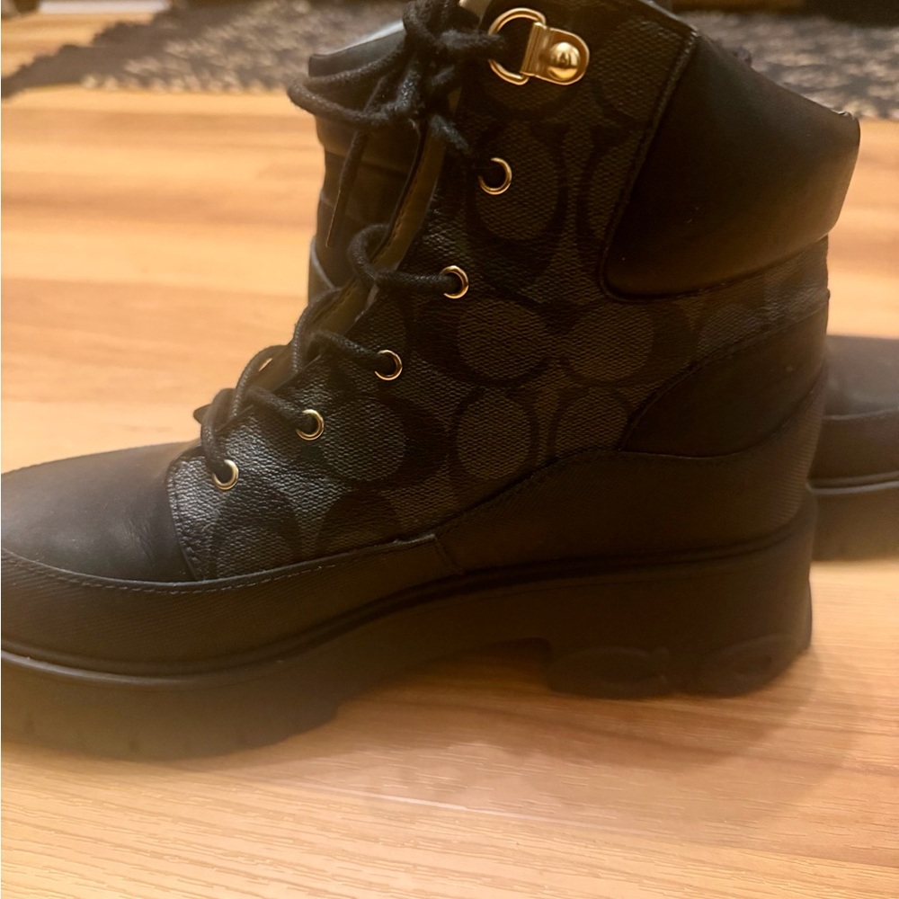 Coach Black Signature Lace-Up Lug-Sole Ankle Boots - Picture 3 of 8